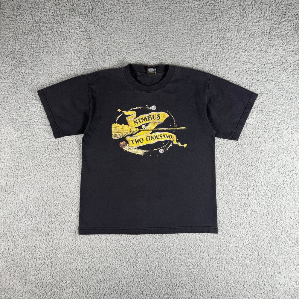 Vintage Harry Potter T-Shirt Mens Medium Nimbus 2000 Quidditch Black Warner Bros